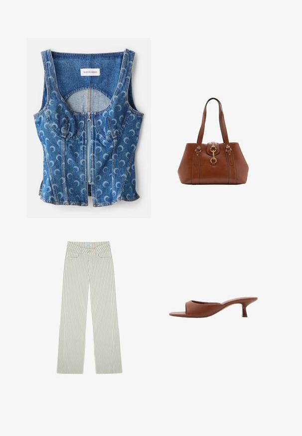Denimový crop top s předním zipem, zaoblenými švy a opakujícím se vzorem srpku měsíce v světle modré barvě na tmavším modrém pozadí.; Široké kalhoty v jemné krémové barvě s tmavými vertikálními pruhy. Mají pět kapes a zapínání na knoflík. Hladká textura, ležérní design.; Hnědé sandály na podpatku s otevřenou špičkou a hladkým, matným povrchem, které mají zakřivený design a průhledný, zúžený podpatek.; Hnědá kožená kabelka s dvojitými popruhy, zaobleným tvarem, zlatými kovovými doplňky a centrálním detailem s přezkou. Hladký povrch s prošívanými akcenty.