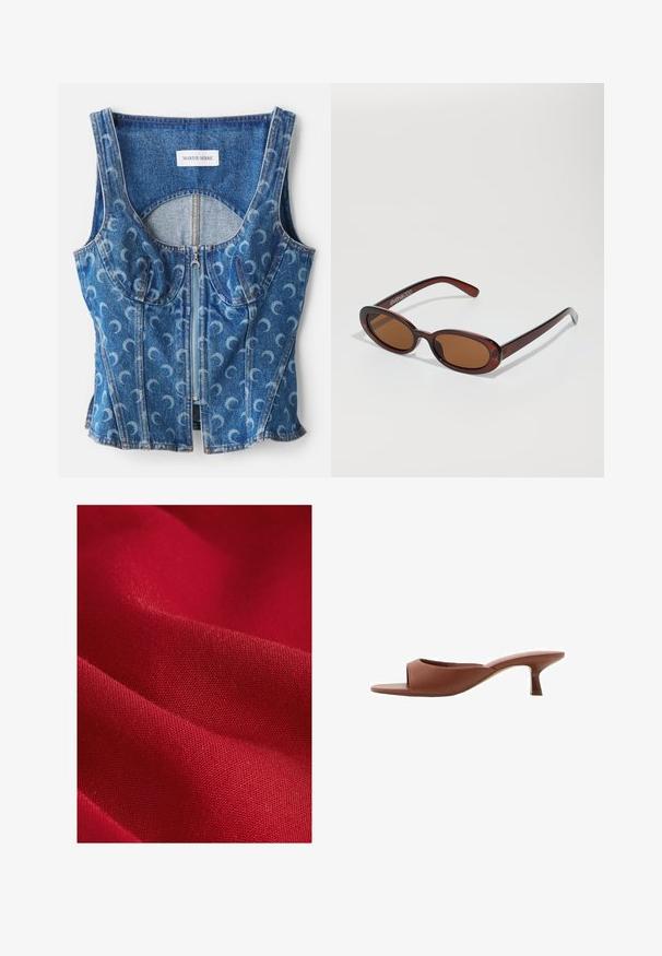 Denim crop top featuring a zip front, curved seam detailing, and a repeated crescent moon pattern in light blue on a darker blue base.; Red fabric with a smooth texture, featuring a fine weave and slight sheen, displaying gentle folds and contours.; Brown open-toe heeled mules with a smooth, matte finish, featuring a curved design and a transparent, tapered heel.; Round, brown-tinted sunglasses with a glossy burgundy frame. Slim arms with subtle branding detail. Flat lens design.; Brown leather handbag with dual straps, a rounded shape, gold hardware, and a central buckle detail. Smooth texture with stitched accents.