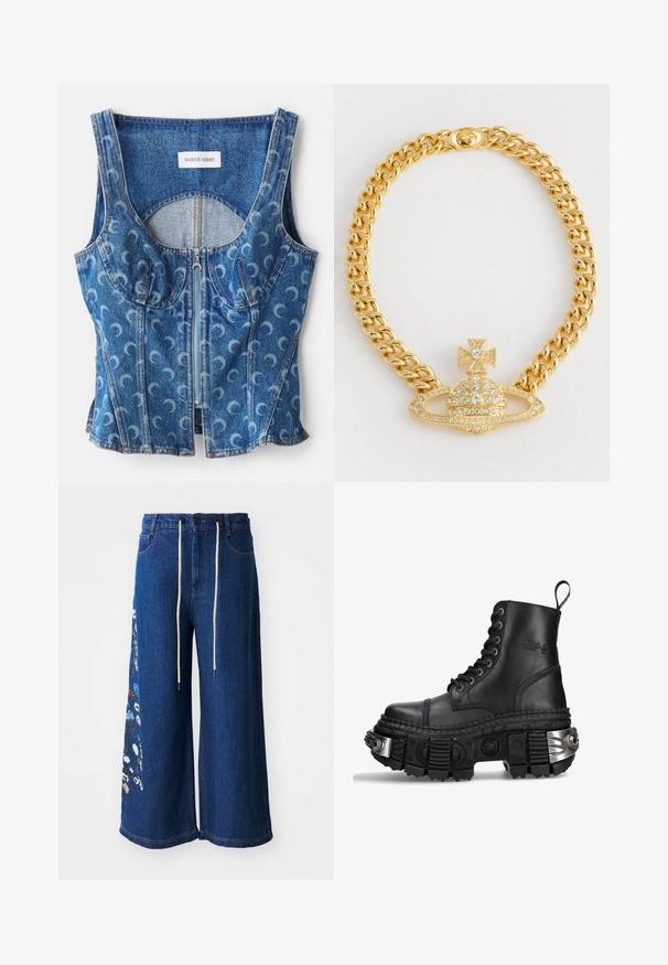 Denim crop top featuring a zip front, curved seam detailing, and a repeated crescent moon pattern in light blue on a darker blue base.; Wide-leg denim trousers in dark blue with floral embroidery detail on the left leg. Features a drawstring waist and classic five-pocket design.; Black leather combat boot with high top, round toe, thick textured sole, silver hardware accents, and distinctive tread pattern.; Gold-toned chain necklace featuring a central pendant with a dome shape, cross accent, and clear rhinestones throughout.