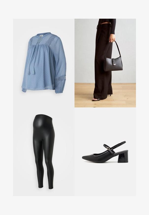 Svijetloplava bluzica od prozirnog materijala s teksturiranim točkicama. Ima okrugli izrez, spušteni struk i čvorove s resicama. Čipkasti detalji na ramenima.; Črne legice za nosečnice z gladko, sijočo teksturo. Visok pas, ki se prilagaja rastočem trebuhu. Elastična tkanina za udobje in prileganje.; Črne patentne usnjene salonarce s slingback obliko, s koničastim nosom, zaobljenim izrezom in blok peto. Imajo zlato kovinsko zaponko kot dodatno okrasje.; Črna torbica z strukturirano obliko, gladko teksturo in kovinskim zaponko. Ujemajo se z širokimi črnimi hlačami in odprtimi sandali na lesenem tleh.