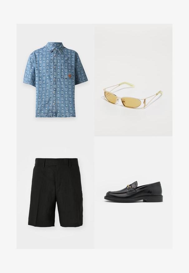 Gaiši zils džinsa krekls ar īsām piedurknēm, ar baltiem ģeometriskiem rakstiem visā virspusē, priekšējo kabatu un brūnu logotipa uzšuvi, ar metāla pogām.; Melnas lina šortas ar atvieglotu piegriezumu, izceļoties ar plakanu priekšpusi, sānu kabatām un vidēja garuma griezumu. Redzama viegla tekstūra.; Melnas ādas loafers ar noapaļotu degunu, ar zelta aparatūras akcentu un šuvju detaļām, uz zemas, teksturētas gumijas zoles.; Dzeltenā tonēti saulesbrilles ar caurspīdīgu zelta rāmi, smalku taisnstūra formu un leņķotām kājām ar gaiši zaļiem akcentiem.