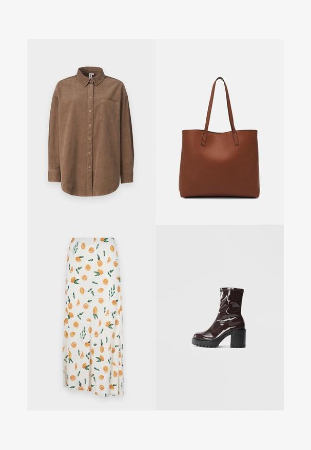 ONLY ONLAIME MOXI LONG - Skjortebluse - fossil; Hvit skjørt med et tilfeldig mønster av appelsinbiter, hele appelsiner og grønne blader. Stoffet ser glatt ut med en flytende design.; Glinsende burgunder ankelstøvel med en kraftig svart hæl, med en glatt tekstur og enkelt design. Ingen synlige lukkinger eller mønstre.; Brun lær tote veske med en jevn tekstur, åpen toppdesign og to skulderstropper. Har minimal søm og ingen synlige spiker.