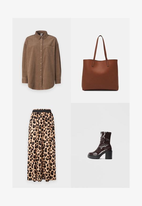 ONLY ONLAIME MOXI LONG - Cămașă - fossil; Fustă maxi cu imprimeu de leopard, cu un tiv elastic negru, având un material uniform, fluid și o siluetă evazată.; Botine lucioase burgundy, cu toc gros negru, având o textură netedă și un design simplu. Fără închideri sau modele vizibile.; Geantă de umăr din piele maro cu o textură netedă, design cu vârf deschis și două curele pentru umăr. Prezintă cusături minime și fără componente metalice vizibile.