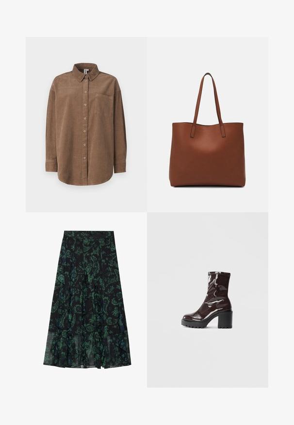 ONLY ONLAIME MOXI LONG - Blusa - fossil; Falda negra con un patrón floral verde, con bordes rizados y pliegues. Fabricada en tejido ligero, que ofrece una silueta fluida.; Botín burdeos brillante hasta el tobillo con un tacón negro grueso, que presenta una textura suave y un diseño sencillo. Sin cierres ni patrones visibles.; Bolso tote de cuero marrón con una textura suave, diseño de apertura superior y dos correas para el hombro. Presenta una costura mínima y sin herrajes visibles.