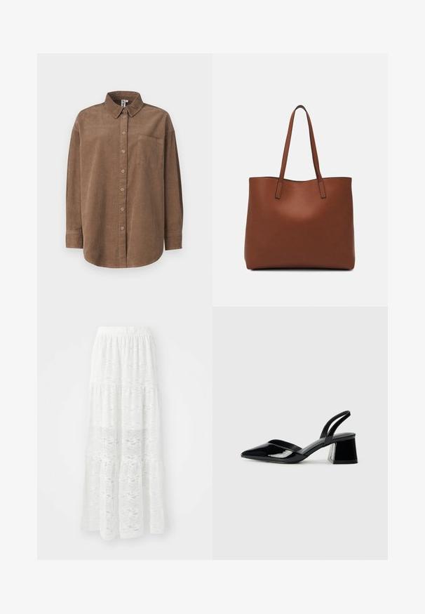 ONLY ONLAIME MOXI LONG - Blusa com botões - fossil; Saia maxi branca em camadas feita de tecido de renda, apresentando um padrão ondulado e uma cintura elástica. Design leve e fluido, ideal para dias quentes.; Sandy em verniz preto com salto slingback, ponta afilada e salto geométrico. Apresenta um design elegante e minimalista com textura suave.; Bolsa tote de couro castanho com uma textura suave, design de abertura superior e duas alças para o ombro. Apresenta costura mínima e sem hardware visível.