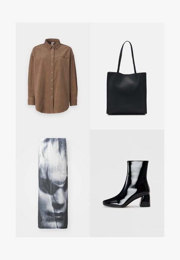 ONLY ONLAIME MOXI LONG - Chemisier - fossil; Jupe longue noir et blanc avec un imprimé graphique représentant un visage, dotée d'une texture lisse et d'une silhouette ajustée.; Bottine en cuir verni noir avec un bout pointu et un talon carré. Texture lisse avec une finition brillante, sans ornements visibles.; Sac fourre-tout en cuir noir avec une texture lisse, de forme rectangulaire et deux longues poignées. Pas de matériel ou d'ornementations visibles.