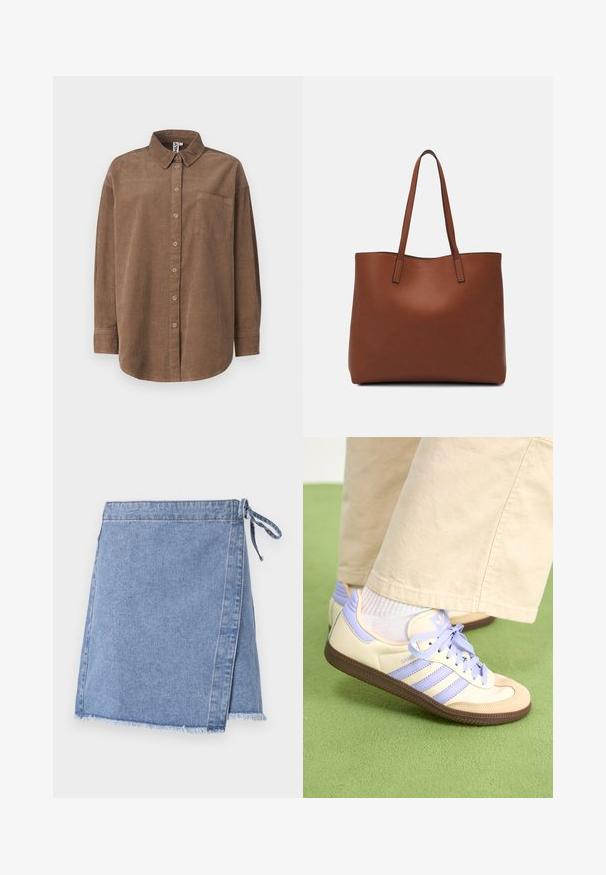 ONLY ONLAIME MOXI LONG - Skjortebluser - fossil; Lysblå denim omslagskirt med bundet lukning, frynset kant og lige snit med en svag A-form.; Creme og lavendel sneakers med tre striber og en tekstureret brun sål, der har snørebånd og en polstret hæl. Blødt stof øvre.; Brun læder tote taske med en glat overflade, åben topdesign og to skulderremme. Har minimal syning og ingen synlig hardware.