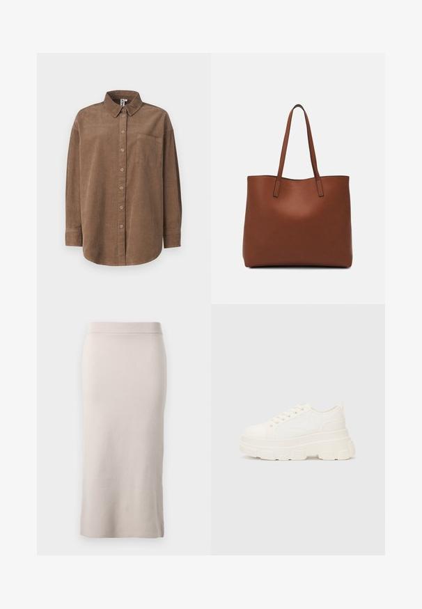 ONLY ONLAIME MOXI LONG - Chemisier - fossil; Jupe crayon en tricot de couleur beige clair, avec une taille côtelée, coupe ajustée et fente latérale pour faciliter le mouvement. Texture douce, design minimal.; Baskets blanches en toile avec une semelle épaisse, bout arrondi et cinq œillets pour les lacets. Onglet arrière pour un enfilage facile. Texture lisse, design minimaliste.; Sac fourre-tout en cuir marron avec une texture lisse, design à ouverture supérieure et deux poignées pour le porter à l'épaule. Présente des coutures minimales et aucun matériel visible.