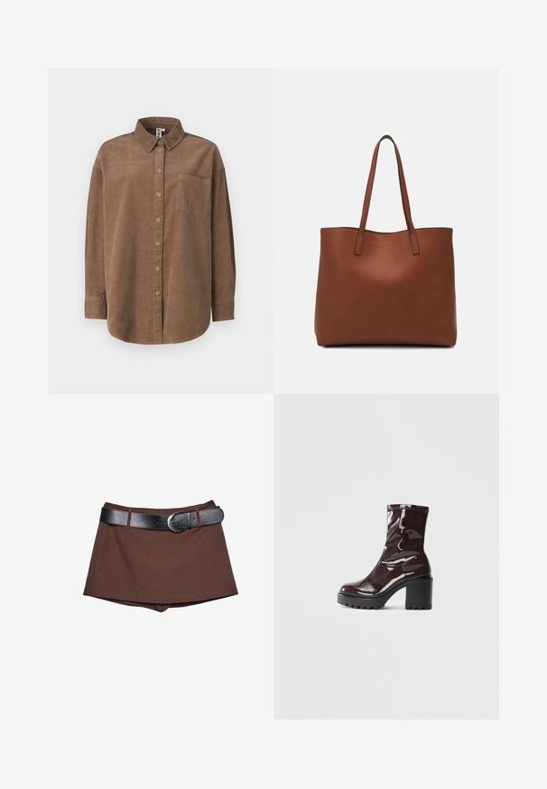 ONLY ONLAIME MOXI LONG - Chemisier - fossil; Shorts marron avec une silhouette structurée, dotés d'une ceinture en cuir noir et d'une boucle en argent, fabriqués à partir d'un tissu texturé.; Bottines bordeaux brillantes à talon épais noir, avec une texture lisse et un design simple. Aucune fermeture visible ni motifs.; Sac fourre-tout en cuir marron avec une texture lisse, design à ouverture supérieure et deux poignées pour le porter à l'épaule. Présente des coutures minimales et aucun matériel visible.