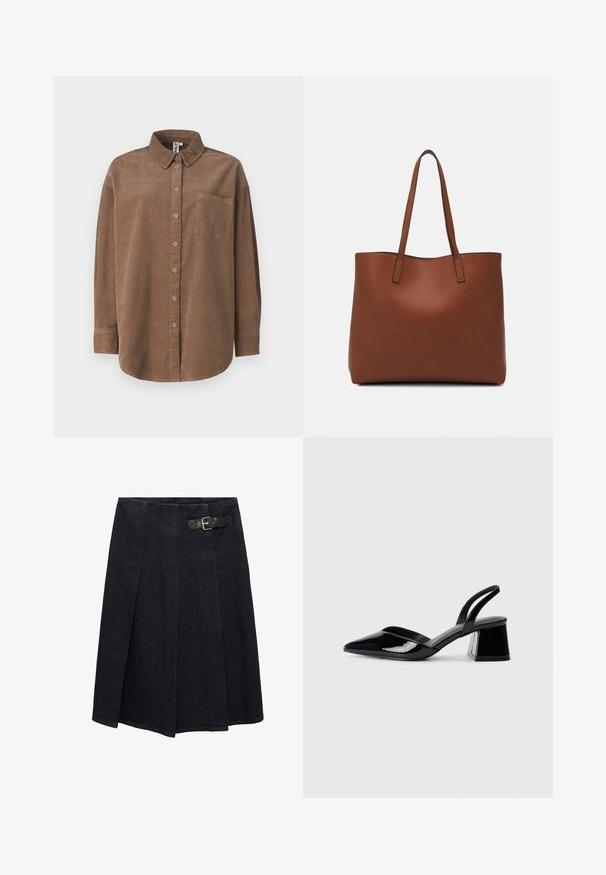 ONLY ONLAIME MOXI LONG - Blus - fossil; Mörk denimkjol med en åtsittande midja, sidospänne, plisserad design och en något utställd silhuett. Sömdetaljer överallt.; Svarta lackläder slingback klackar med spetsig tå och geometrisk klack. Har en elegant, minimalistisk design och slät yta.; Brun läder tote-väska med en slät textur, öppen toppdesign och två axelremmar. Har minimal söm och ingen synlig metalldetalj.