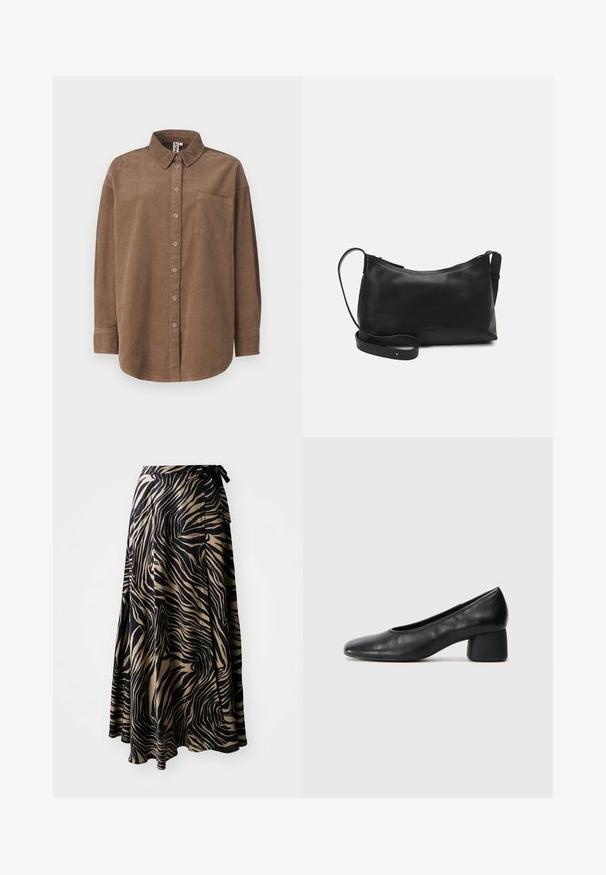 ONLY ONLAIME MOXI LONG - Skjortebluse - fossil; Sjaltskjørt i svart og beige zebramønster. Laget av lett stoff med en flytende design, med bånd i livet og asymmetrisk kant.; Sorte lærpumps med rund tå og mellomstor blokkhæl. Glatt tekstur med minimalt med detaljer, og har en subtil elastisk åpning.; Svart skinn skulderveske med glatt tekstur, buet form, justerbar stropp og glidelås. Minimalistisk design uten dekorasjoner.