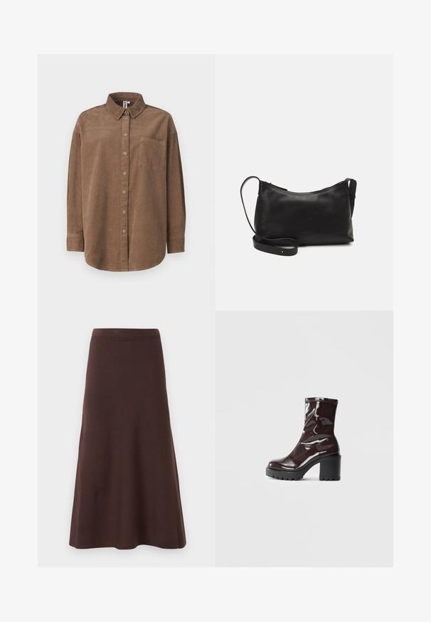 ONLY ONLAIME MOXI LONG - Nööpidega pluus - fossil; Pruun A-line seelik, mis on valmistatud siledast kangast, esitades vormitud vöökoha ja laieneva puhvis ääre, ilma nähtavate mustrite või kaunistusteta.; Klakav läikiv burgundi värvi pahkluu saabas, millel on paks must konts, sile tekstuur ja lihtne disain. Nähtavad kinnitused või mustrid puuduvad.; Mustmust nahk õlakotil on sile tekstuur, kumer kuju, reguleeritav rihm ja lukuga sulgemine. Minimalistlik disain ilma kaunistusteta.