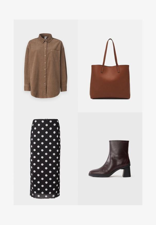 ONLY ONLAIME MOXI LONG - Pogājama blūze - fossil; Melna polka punktu midi svārki, kas izgatavoti no viegla auduma ar baltām apļveida rakstiem, ar piegulošu jostu un nelielu viļņotu malu.; Tumši brūni ādas potītes zābaki ar blokveida papēdi un apaļu purngali, izvietoti uz vienkārša gaiši pelēka fona.; Brūna ādas iepirkumu soma ar gludu tekstūru, atvērta augšdaļa un divas plecu siksnas. Izceļas ar minimālām šuvēm un redzamu aparatūru nav.