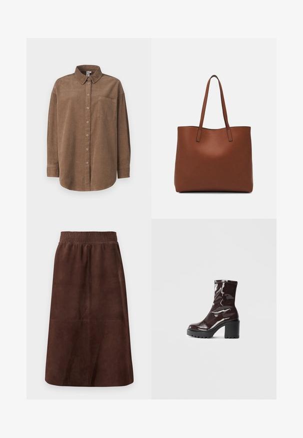 ONLY ONLAIME MOXI brązowy; Brązowa sukienka z zamszu z elastycznym pasem, w kształcie litery A, o gładkiej teksturze i bez widocznych wzorów czy dodatków.; Błyszczące bordowe botki za kostkę z masywną czarną obcasem, charakteryzujące się gładką teksturą i prostym wzornictwem. Brak widocznych zapięć lub wzorów.; Brązowa skórzana torba tote o gładkiej fakturze, z otwartym wierzchem i dwoma ramiączkami. Charakteryzuje się minimalnym przeszyciem i brakiem widocznych elementów metalowych.