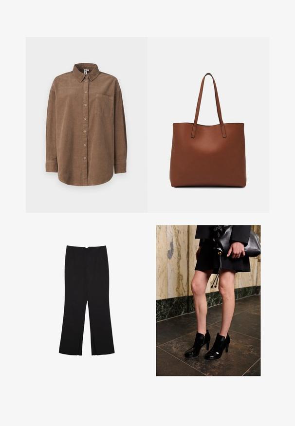 ONLY ONLAIME MOXI LONG - Chemisier - fossil; Pantalon noir avec une coupe droite, doté de poches avant et d'éclairs sur l'ourlet. Fabriqué en tissu doux et lisse. Convient à diverses occasions.; Femme portant des bottines noires et une jupe noire, tenant une grande pochette en cuir noir, se tenant sur un sol carrelé sombre près d'un mur en marbre.; Sac fourre-tout en cuir marron avec une texture lisse, design à ouverture supérieure et deux poignées pour le porter à l'épaule. Présente des coutures minimales et aucun matériel visible.