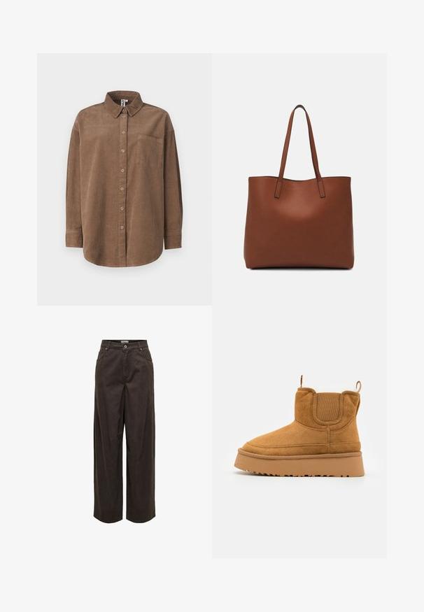 ONLY ONLAIME MOXI LONG - Overhemdblouse - fossil; Wijde broekspijpen in donkerbruin, gemaakt van katoen, met een klassieke tailleband, ritssluiting, vijf zakken en minimalistische stikdetails.; Bruine suède enkellaars met een gestructureerde bovenkant, elastische zijpanelen en een dikke rubberen zool met een uitgesproken profiel.; Bruine leren tote bag met een gladde textuur, een ontwerp met een open bovenkant en twee schouderbanden. Kenmerkt zich door minimale stiksels en geen zichtbare hardware.