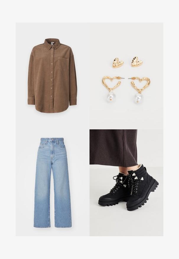 ONLY ONLAIME MOXI LONG - Skjortebluse - fossil; Lys blå høytlivs vide jeans med knapp- og glidelås lukking foran, foran og bak lommer, på en hvit bakgrunn.; Svarte ankelstøvler med en teksturert semsket overdel, tykk gummisåle, metallisk snøring og kontrastfargede lisser for sikker lukking. Pelsfôr synlig.; Gullfargede hjerteformede øredobber med en teksturert finish, som har en hengende perleaccent. Inkluderer matchende hjerte-stud øredobber.