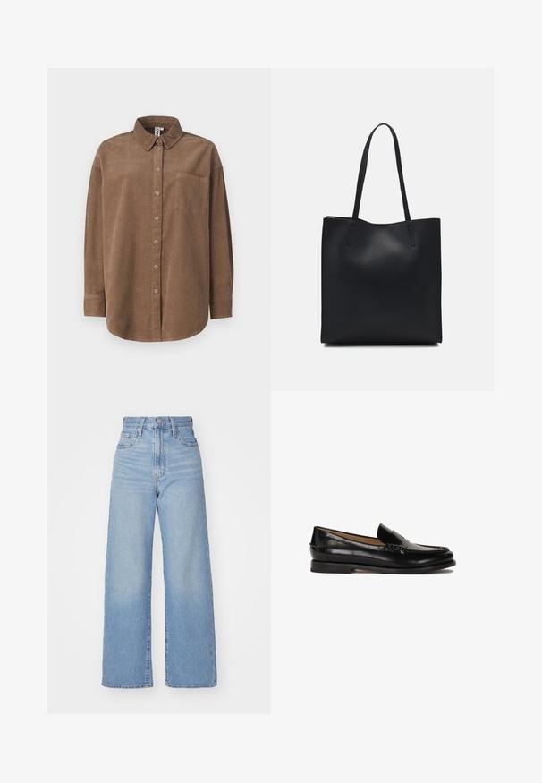 ONLY ONLAIME MOXI LONG - Camicia - fossil; Jeans a vita alta blu chiaro con gamba larga, chiusura frontale con bottone e zip, tasche anteriori e posteriori, su uno sfondo bianco.; Mocassino in pelle nera con punta arrotondata, design slip-on e dettagli di cucitura discreti lungo la parte superiore. Suola piatta in gomma.; Borsa tote in pelle nera con texture liscia, forma rettangolare e due manici lunghi. Nessun hardware o decorazione visibile.