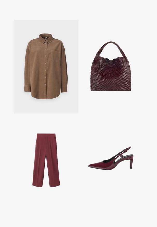 ONLY ONLAIME MOXI LONG - Hemdbluse - fossil; Weinrote Hose mit weitem Bein aus glattem Material, ausgestattet mit seitlichen Taschen und einem hohen Taillendesign. Mit einem klaren vorderen Bügel gefaltet.; Burgunderfarbene Lackleder-Slingback-Schuh mit spitzer Zehenform und moderatem Absatz, mit einem Ausschnitt-Design und verstellbarem Riemen.; Geflochtene burgunderfarbene Handtasche mit runder Form und einem einzelnen Griff, die über eine strukturierte Oberfläche und einen elastischen Kordelzugverschluss verfügt.