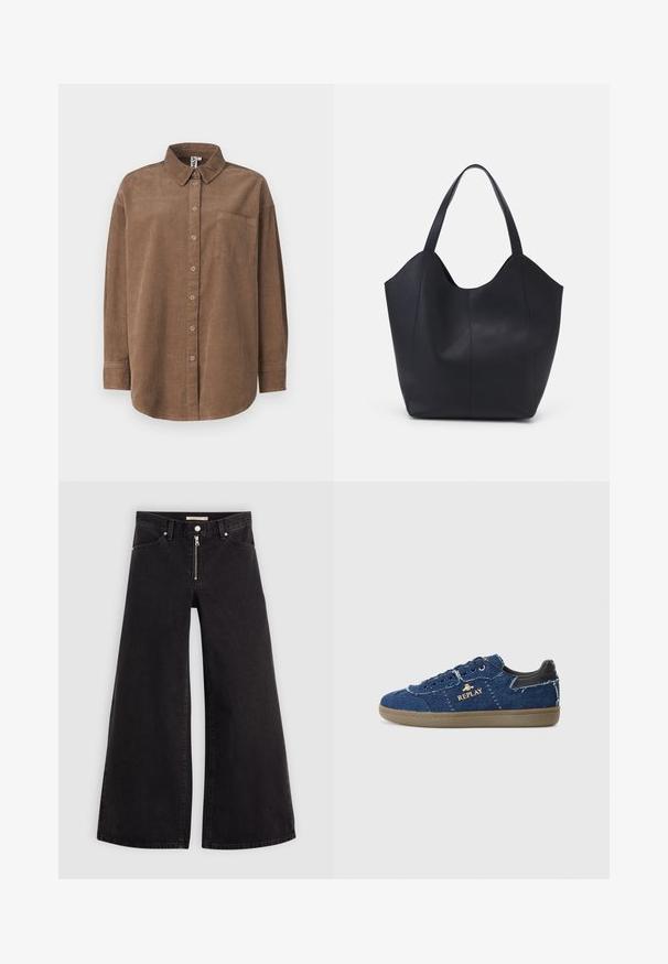 ONLY ONLAIME MOXI LONG - Camicia - fossil; Jeans a gamba larga in denim nero con chiusura a zip, design a cinque tasche e dettagli di cucitura sottili. Texture morbida e stile casual.; Replay PYPER - Sneakers basse - blue; Borsa tote nera realizzata in pelle liscia, con una parte superiore curva e aperta, dotata di due manici per spalla e un design minimalista.