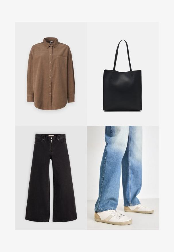 ONLY ONLAIME MOXI LONG - Button-down blouse - fossil; Wide-leg jeans in black denim with a zippered front, five-pocket design, and subtle stitching details. Smooth texture and casual style.; White sneakers with beige accents and textured detailing, paired with light blue, slightly distressed denim jeans, relaxed fit.; Black leather tote bag with smooth texture, rectangular shape, and two long handles. No visible hardware or embellishments.