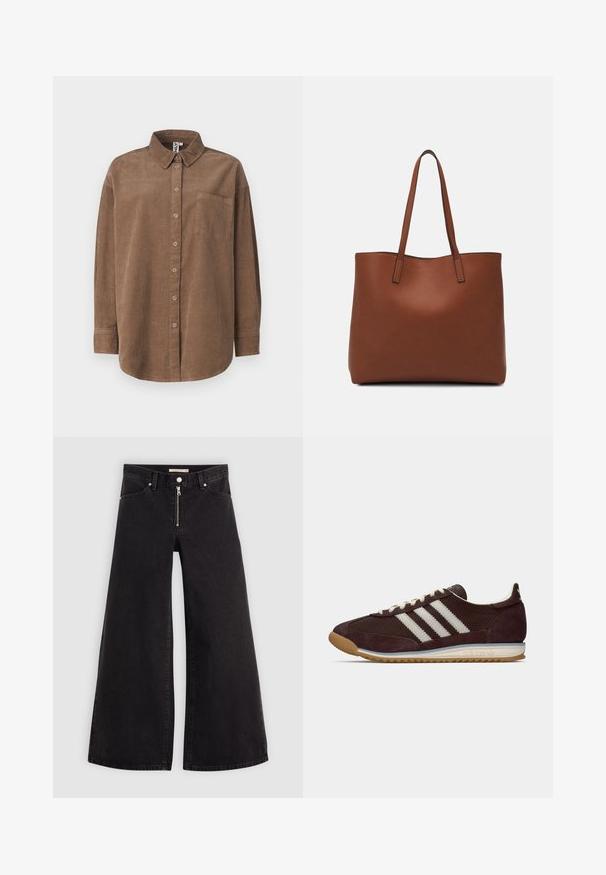 ONLY ONLAIME MOXI LONG - Nööpidega pluus - fossil; Laiad teksad mustast denimist, millel on lukuga eesmine osa, viie taskuga disain ja peened õmblusdetailid. Sile tekstuur ja juhuslik stiil.; Madaldatud tumepunane Adidas näiteks valgete triipudega, kreemjate paeltega ja kummist tallaga, külgvaade ühtlasel taustal.; Pruun nahast tote-kott, millel on sile tekstuur, avatud ülaosa disain ja kaks õlarihma. Omab minimaalset õmblust ja nähtavat riistvara ei ole.