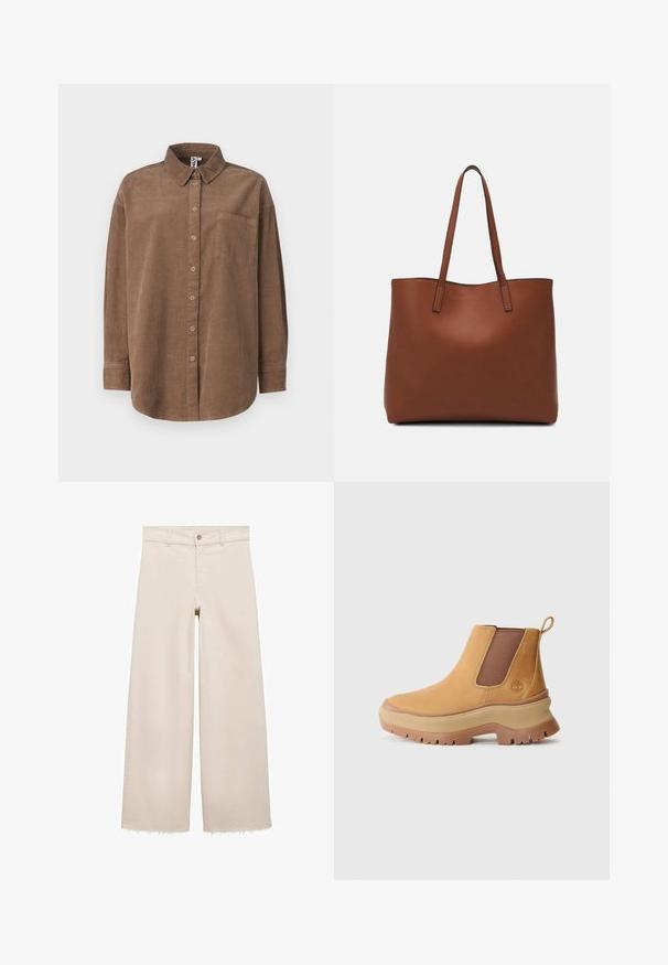 ONLY ONLAIME MOXI LONG - Bluza s gumbima - fossil; Bež traperice širokih nogavica s visokim strukom, s kopčanjem na gumb, prednjim džepovima i strganim rubovima. Izrađene od trapera.; Smeđe kožne gležnjače s elastičnim bočnim panelima, zaobljenim vrhom i debelim gumenim potplatom s dubokim profilom; ima petni vez. ; Smeđa kožna torba preko ramena s glatkom teksturom, otvorenim vrhom i dvjema naramenicama. Ima minimalne šavove i nema vidljivog hardvera.