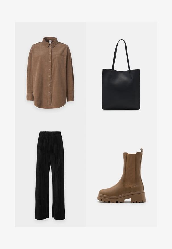 ONLY ONLAIME MOXI LONG - Užsagstoma palaidinė - fossil; Juodi plisuoti kelnės su elastine juosta. Turėkite plačias kojas ir glotnų, tekstūrinį audinį su vertikaliais dryžiais.; Rudi ruda batai su lygiu odiniu paviršiumi, elastingais šonais ir storu padu. Yra užtrauktukas gale, kad būtų patogu dėvėti.; Juodas odinis tote krepšys su lygia tekstūra, stačiakampio formos ir dviem ilgais rankenomis. Matomų metalinių detalių ar puošybos nėra.