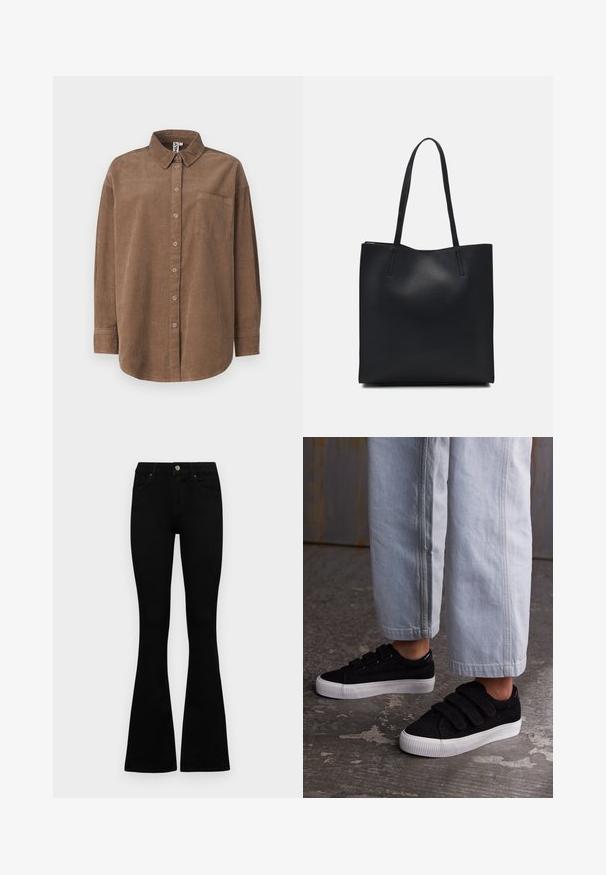 ONLY ONLAIME MOXI LONG - Blúzka so zapínaním na gombíky - fossil; Čierne vysoké nohavice s gombíkom a zipsom, predné vrecká a rozšírené nohavice položené na bielom pozadí.; Čierne kordúrové tenisky s tromi suchými zipsami a štruktúrovaným povrchom. Nízky biely gumový podpätok. Nosené s svetlomodrými skrátenými nohavicami.; Čierna kožená taška na rameno s hladkým povrchom, obdĺžnikovým tvarom a dvoma dlhými uchami. Bez viditeľného kovania alebo ozdôb.