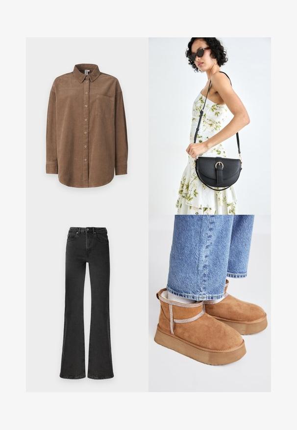 ONLY ONLAIME MOXI LONG - Button-down blouse - fossil; Black flared jeans in denim fabric with a high-rise waist, detailed stitching, two front pockets, and a clean finish at the hem.; Brown suede ankle boots with a thick, textured sole. Features a decorative strap with a checkered pattern around the ankle.; Black leather handbag with a curved shape, detachable strap, and gold hardware. The bag features a flap with a buckle detail.