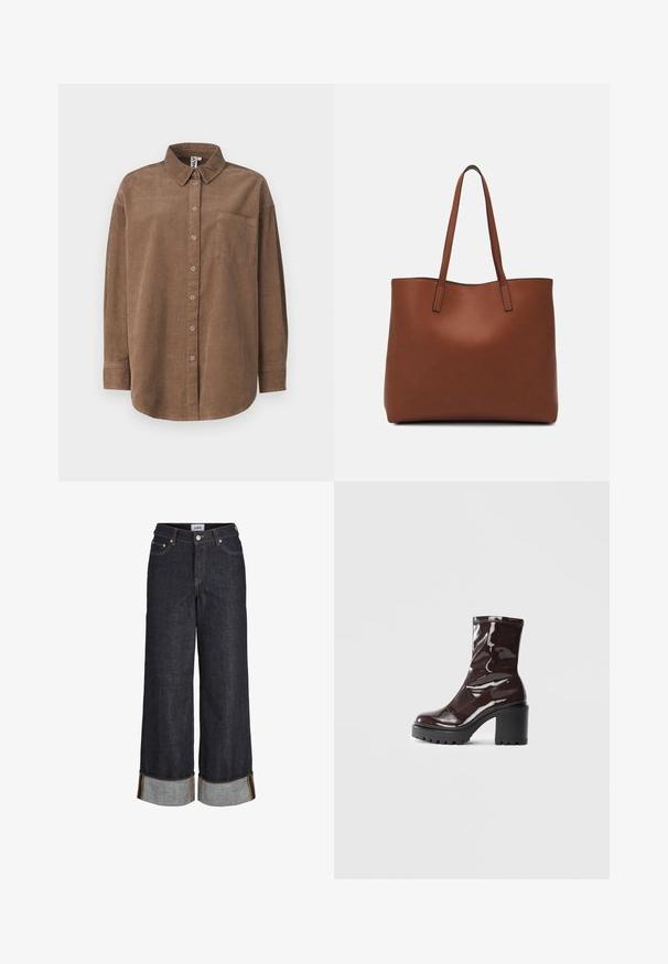 ONLY ONLAIME MOXI LONG - Blusa com botões - fossil; Jeans de ganga escuros de perna larga com uma cintura alta, bainhas dobradas com um tecido azul em contraste e detalhes em costura laranja.; Bota de tornozelo burgundy brilhante com um salto preto robusto, apresentando uma textura suave e um design simples. Sem fechos ou padrões visíveis.; Bolsa tote de couro castanho com uma textura suave, design de abertura superior e duas alças para o ombro. Apresenta costura mínima e sem hardware visível.