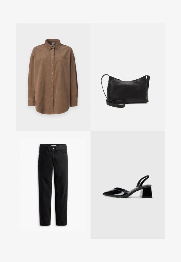 ONLY ONLAIME MOXI LONG - Skjortebluse - fossil; Sorte rette jeans med knap- og lynlåslukning, bæltestropper samt for- og baglommer, vist fladt på hvid baggrund.; Svarte patentlær slingback hæler med spiss tå og geometrisk blokk hæl. Har et stilrent, minimalistisk design og jevn tekstur.; Svart skinn skulderveske med glatt tekstur, buet form, justerbar stropp og glidelås. Minimalistisk design uten dekorasjoner.