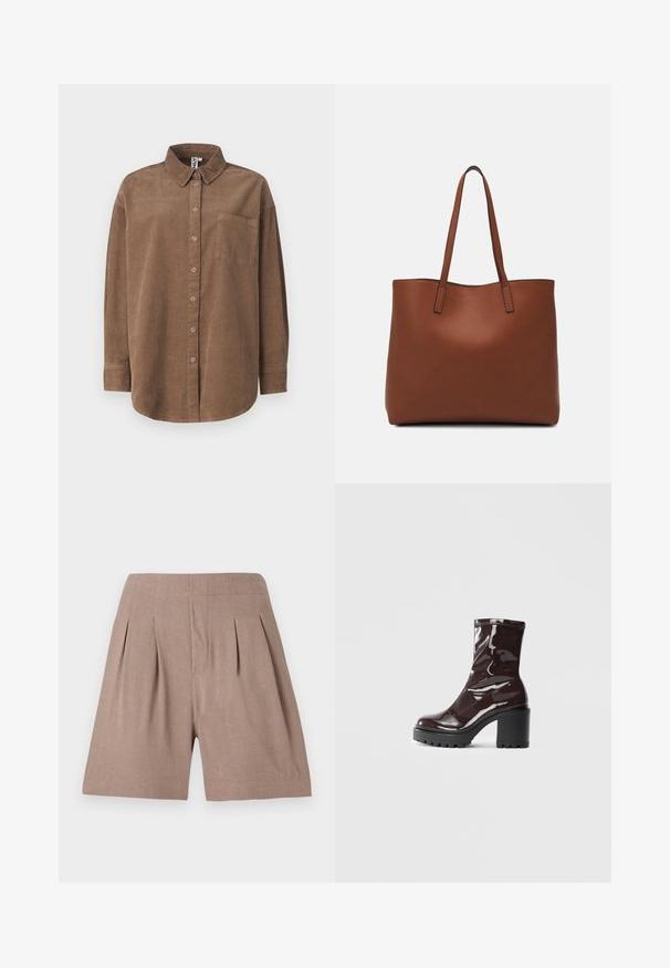 ONLY ONLAIME MOXI LONG - Cămașă - fossil; Șorturi plisate maro realizate dintr-un material ușor, având o textură fină și o croială adaptată, cu un design curat și minimalist.; Botine lucioase burgundy, cu toc gros negru, având o textură netedă și un design simplu. Fără închideri sau modele vizibile.; Geantă de umăr din piele maro cu o textură netedă, design cu vârf deschis și două curele pentru umăr. Prezintă cusături minime și fără componente metalice vizibile.