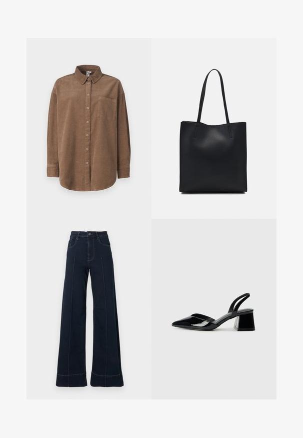ONLY ONLAIME MOXI LONG - Blusa com botões - fossil; Jeans de perna larga em azul escuro com cintura alta, apresentando bolsos frontais e costura visível. Feitos de tecido de denim com uma textura suave.; Sandy em verniz preto com salto slingback, ponta afilada e salto geométrico. Apresenta um design elegante e minimalista com textura suave.; Bolsa tote preta em couro com textura lisa, forma retangular e duas alças longas. Sem hardware ou enfeites visíveis.