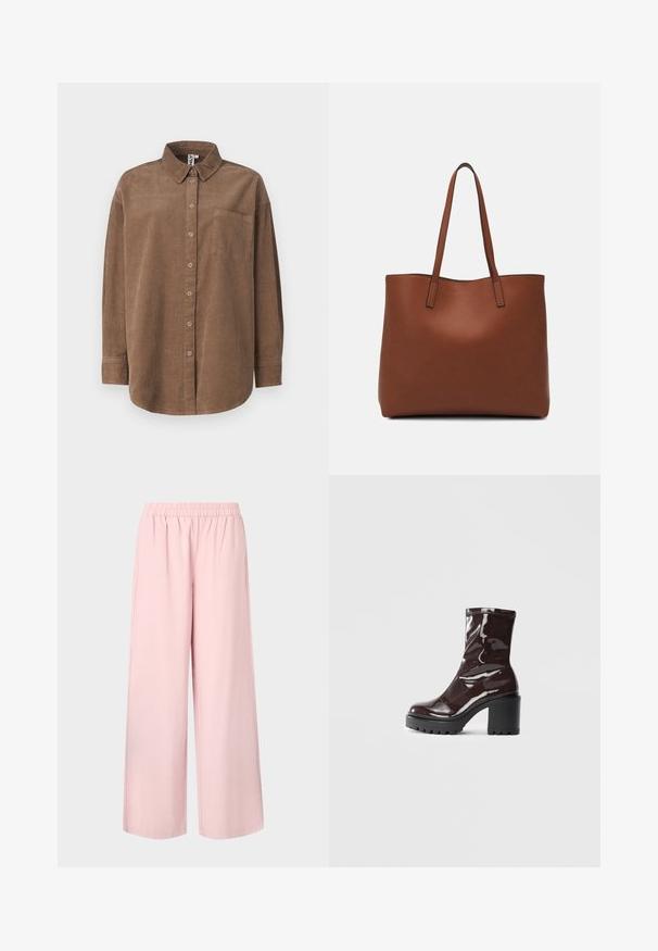 ONLY ONLAIME MOXI LONG - Bluza z gumbi - fossil; Roza hlače širokih nogavic z elastičnim pasom in gladko teksturo, ki se ponašajo s prostornim krojem in ravnim rezom od pasu do konca.; Sijajan škrlatank z bleščečim videzom, z masivnim črnim peto, ki se ponaša z gladko teksturo in preprostim dizajnom. Brez vidnih zapenjal ali vzorcev.; Rjava usnjena torba z gladko teksturo, odprto zasnovo zgoraj in dvema naramnima trakovoma. Opremljena je z minimalnim šivanjem in brez vidnih kovinskih delov.