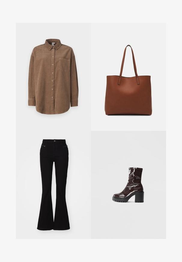 ONLY ONLAIME MOXI LONG - Button-down blouse - fossil; Black flared jeans with a high waist, featuring front pockets and zippered accents. Made of denim with a smooth texture.; Glossy burgundy ankle boot with a chunky black heel, featuring a smooth texture and simple design. No visible fastenings or patterns.; Brown leather tote bag with a smooth texture, open top design, and two shoulder straps. Features minimal stitching and no visible hardware.