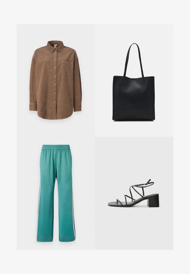 ONLY ONLAIME MOXI LONG - Bluza s gumbima - fossil; Tirkizne trenirke s elastičnom trakom u struku, širokim nogavicama i bočnim prugama u tamnoplavoj i bijeloj boji. Glatka tkanina s mat finishom.; Crne sandale s remenima, sa četvrtastim nosom i debelim potplatom, izrađene od glatkog materijala. Imaju podesive remenčiće oko gležnja i minimalne metalne detalje.; Crna kožna torba za nošenje s glatkom teksturom, pravokutnim oblikom i dvije duge ručke. Nema vidljivih metalnih dijelova ili ukrasa.