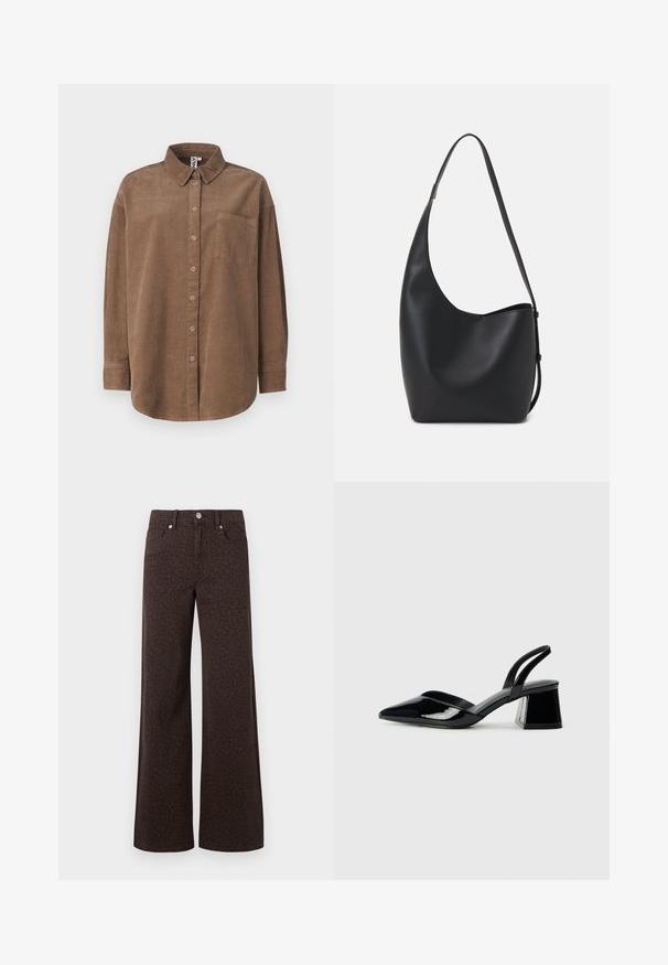 ONLY ONLAIME MOXI LONG - Blus - fossil; Bruna vida byxor med en subtil leopardmönster, tillverkade av denim med en slät yta och en klassisk femficksdesign.; Svarta lackläder slingback klackar med spetsig tå och geometrisk klack. Har en elegant, minimalistisk design och slät yta.; Svart läder hobo-väska med en slät textur, kurvig form och en justerbar axelrem; har en bred öppning upptill.