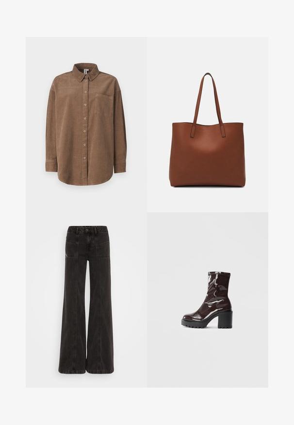 ONLY ONLAIME MOXI LONG - Gombos blúz - fossil; Fekete, bő szárú farmernadrág, magas derékkal, elülső zsebekkel és az varratok mentén tónusos cérnával.; Fényes bordó bokacsizma vastag fekete sarokkal, sima felülettel és egyszerű dizájnnal. Nincsenek látható zárak vagy minták.; Barna bőr vászontáska sima textúrával, nyitott tetejű dizájnnal és két vállpánttal. Minimális varrással és látható hardver nélkül készült.