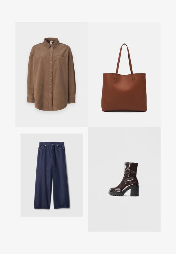 ONLY ONLAIME MOXI LONG - Bluza z gumbi - fossil; Široke denim hlače temno modre barve z gladko teksturo, z zadrgo, sprednjimi žepi in kovinskimi detajli.; Sijajan škrlatank z bleščečim videzom, z masivnim črnim peto, ki se ponaša z gladko teksturo in preprostim dizajnom. Brez vidnih zapenjal ali vzorcev.; Rjava usnjena torba z gladko teksturo, odprto zasnovo zgoraj in dvema naramnima trakovoma. Opremljena je z minimalnim šivanjem in brez vidnih kovinskih delov.