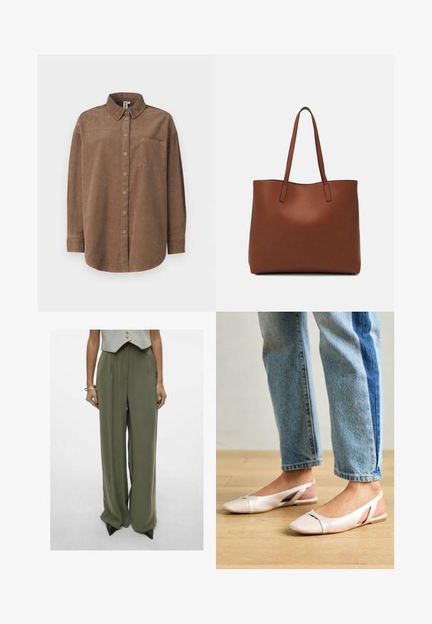 ONLY ONLAIME MOXI LONG - Bluza s gumbima - fossil; Maslinasto zelene široke hlače s glatkom teksturom, sa visokim strukom i plisiranim prednjim dijelom. Uparene s crnim cipelama na visoku petu.; Svijetlo ružičaste slingback balerinke s šiljastim vrhom, izrađene od glatkog materijala nalik koži. Sadrže izrezane detalje sa strane i ravnu petu.; Smeđa kožna torba preko ramena s glatkom teksturom, otvorenim vrhom i dvjema naramenicama. Ima minimalne šavove i nema vidljivog hardvera.