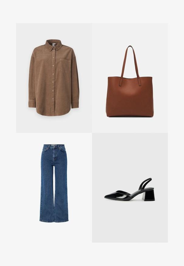 ONLY ONLAIME MOXI LONG - Bluza z gumbi - fossil; Modre kavbojke z visokim pasom in širokimi nogami, ki imajo tradicionalno zasnovo s petimi žepi, kovinsko zaponko in kontrastno šivanje.; Črne lakirane slingback pete s koničastim nosom in geometrijsko blokasto peto. Imajo eleganten, minimalističen dizajn in gladko teksturo.; Rjava usnjena torba z gladko teksturo, odprto zasnovo zgoraj in dvema naramnima trakovoma. Opremljena je z minimalnim šivanjem in brez vidnih kovinskih delov.