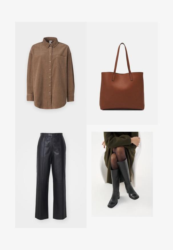 ONLY ONLAIME MOXI LONG - Cămașă - fossil; Pantaloni din piele neagră cu talie înaltă, design cu picioare largi și detalii cu cusături verticale. Textură netedă cu un finisaj lustruit.; Cizme din piele neagră, până la genunchi, cu vârf pătrat și toc bloc, prezentate pe un model așezat într-o haină verde măsline. Textură netedă, detalii minime.; Geantă de umăr din piele maro cu o textură netedă, design cu vârf deschis și două curele pentru umăr. Prezintă cusături minime și fără componente metalice vizibile.