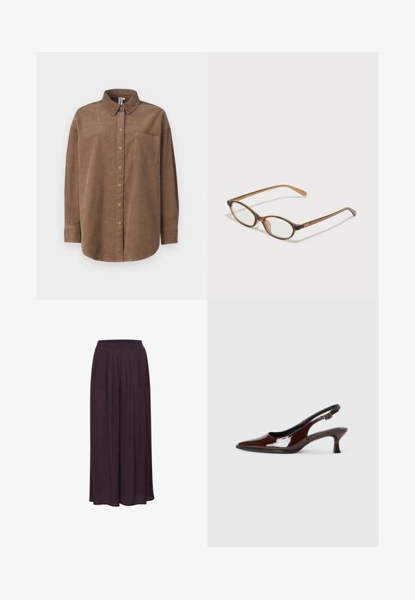 ONLY ONLAIME MOXI LONG - Camicia - fossil; Pantaloni larghi realizzati in tessuto leggero di colore viola scuro. Presentano una vita elastica e un design fluido con una texture liscia.; Scarpa slingback in pelle verniciata marrone con punta affusolata e tacco moderato. Presenta una fascia con fibbia per una calzata sicura. Tessuto liscio.; Occhiali tortoiseshell marroni con lenti ovali, aste sottili e dettagli trasparenti. Presentano un logo sottile sulla tempia. Design elegante e leggero.