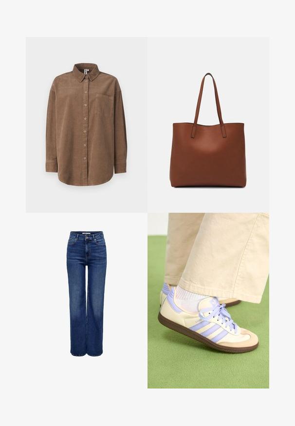ONLY ONLAIME MOXI LONG - Camicia - fossil; Jeans a gamba larga a vita alta in denim blu scuro, con chiusura a bottone, cinque tasche e dettagli di cuciture a contrasto.; Sneakers crema e lavanda con tre strisce e suola marrone texturizzata, dotati di lacci e tallone imbottito. Parte superiore in tessuto morbido.; Borsa tote in pelle marrone con texture liscia, design con apertura superiore e due spallacci. Presenta cuciture minime e nessun hardware visibile.