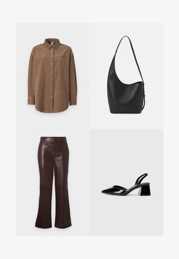 ONLY ONLAIME MOXI LONG - Button-down blouse - fossil; Brown faux leather flared pants with a smooth texture, featuring a belted waist and a zip fly. Clean lines and a sleek silhouette.; Black patent leather slingback heels with a pointed toe and a geometric block heel. Features a sleek, minimal design and smooth texture.; Black leather hobo bag with a smooth texture, curved shape, and single adjustable strap; features a wide opening at the top.