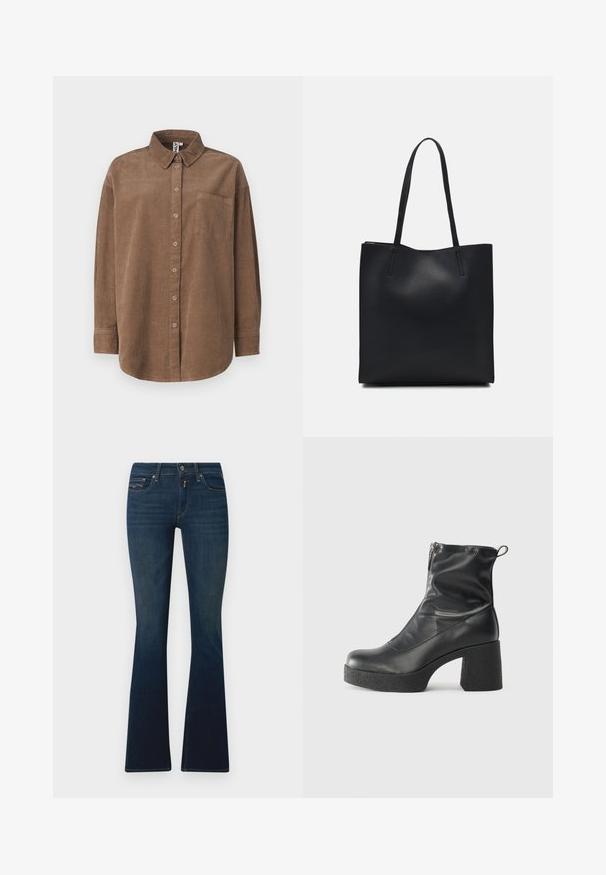 ONLY ONLAIME MOXI LONG - Chemisier - fossil; Jean évasé bleu foncé en denim, avec une taille à bouton avant, des poches en biais et des détails de couture subtils.; Bottes noires à la cheville en cuir lisse, dotées d'une fermeture éclair sur le côté, d'un talon épais texturé et d'une conception à bout rond.; Sac fourre-tout en cuir noir avec une texture lisse, de forme rectangulaire et deux longues poignées. Pas de matériel ou d'ornementations visibles.