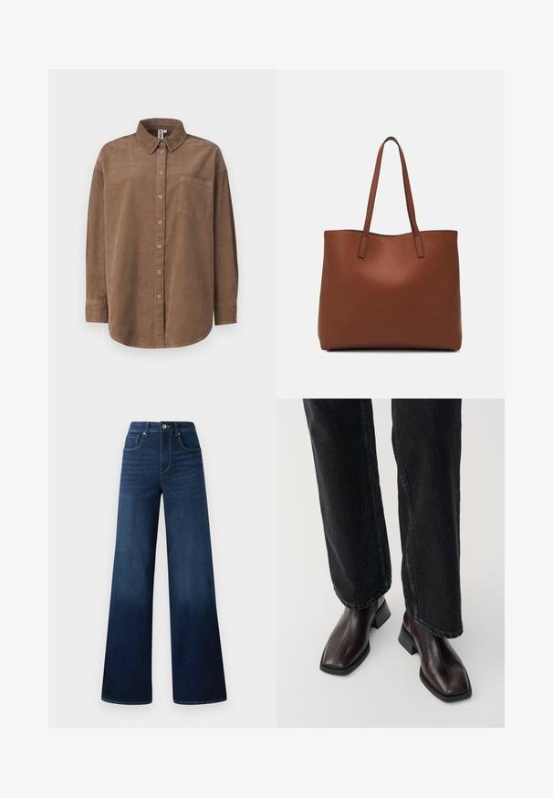 ONLY ONLAIME MOXI LONG - Skjortebluse - fossil; Bredde ben mørkeblå jeans laget av denim, med høy midje, fem lommer og kontraststing langs sømmene.; Brune lær ankle støvler med firkantet tå og blokkhæl, parret med sorte vide ben jeans. Glat struktur og minimalistisk design.; Brun lær tote veske med en jevn tekstur, åpen toppdesign og to skulderstropper. Har minimal søm og ingen synlige spiker.