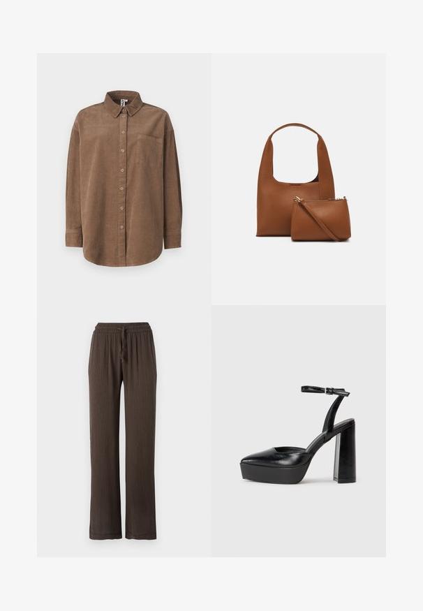 ONLY ONLAIME MOXI LONG - Gombos blúz - fossil; Barna, széles lábú nadrág rugalmas derékkal és zsinórral. Texturált anyag, függőleges csíkos mintázattal. Egyenes lábakkal.; Fekete platform magassarkú cipők hegyes orral és állítható bokapánttal. Sima bőrből készült, vastag talppal.; Barna szintetikus kézitáska ívelt fogantyúval és sima felülettel. Tartalmaz egy illeszkedő, cipzáros kis tárcát. Minimalista dizájn.
