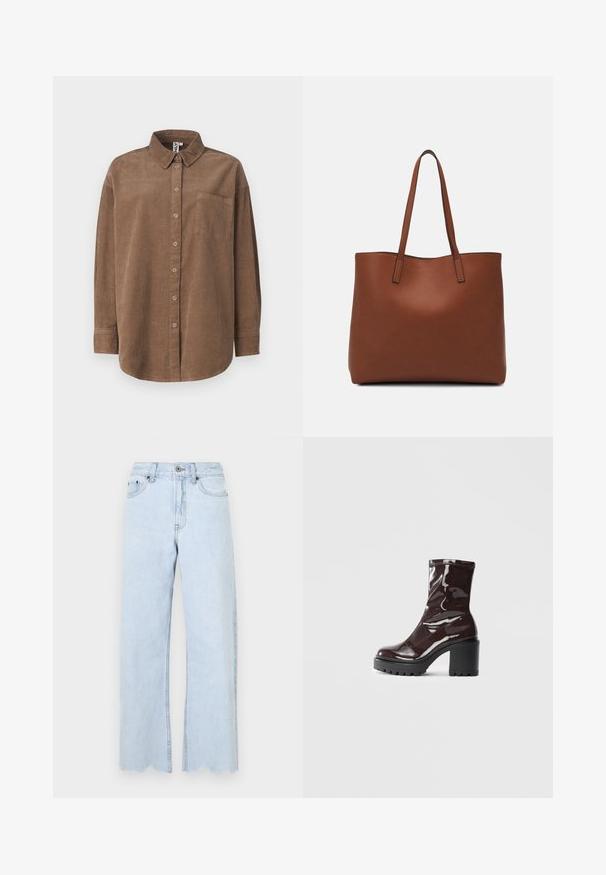 ONLY ONLAIME MOXI LONG - Button-down blouse - fossil; Light blue wide-leg jeans with a raw hem, made of denim. Features include a button closure, belt loops, and side pockets.; Glossy burgundy ankle boot with a chunky black heel, featuring a smooth texture and simple design. No visible fastenings or patterns.; Brown leather tote bag with a smooth texture, open top design, and two shoulder straps. Features minimal stitching and no visible hardware.